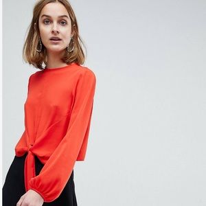 Red orange crop top tie front blousy long sleeve